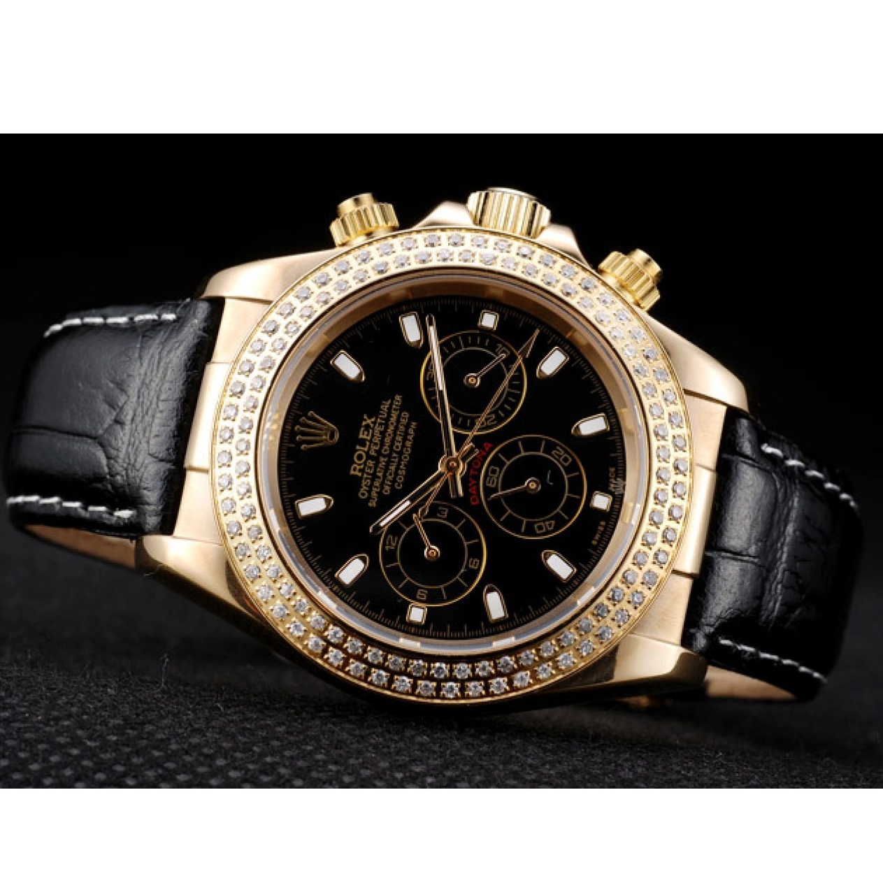 MiroTime 0716 Rolex Daytona Gold Case Crystal Studded Bezel Black Dial